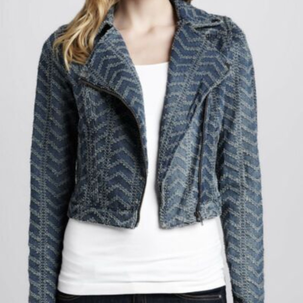 GUC Free People Chevron Textured Denim Moto Jacket